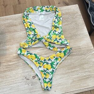 ONIA- Yellow and Green Lemon Print Bikini- Tanga cheeky bottom, tie top, small